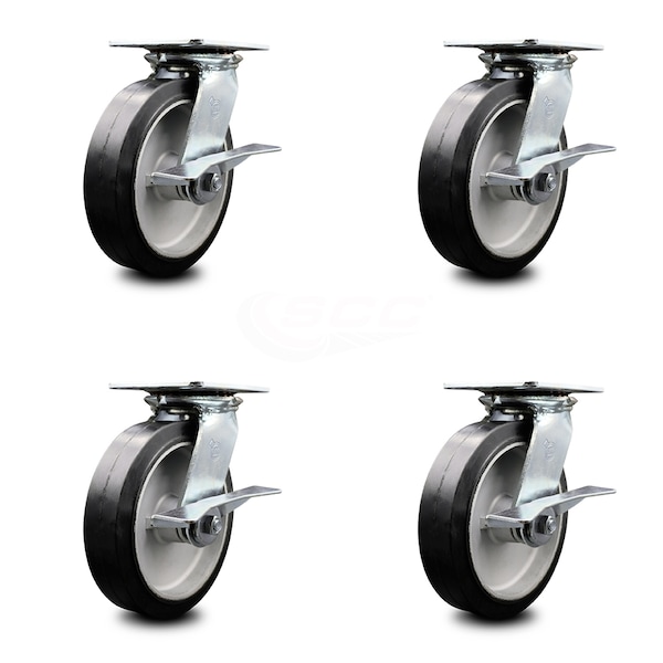 8 Inch Heavy Duty Rubber on Aluminum Caster Set with Ball Bearings and Brakes